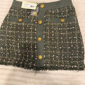 Ramy Brook Olive Green Tweed Mini Skirt with Gold Buttons